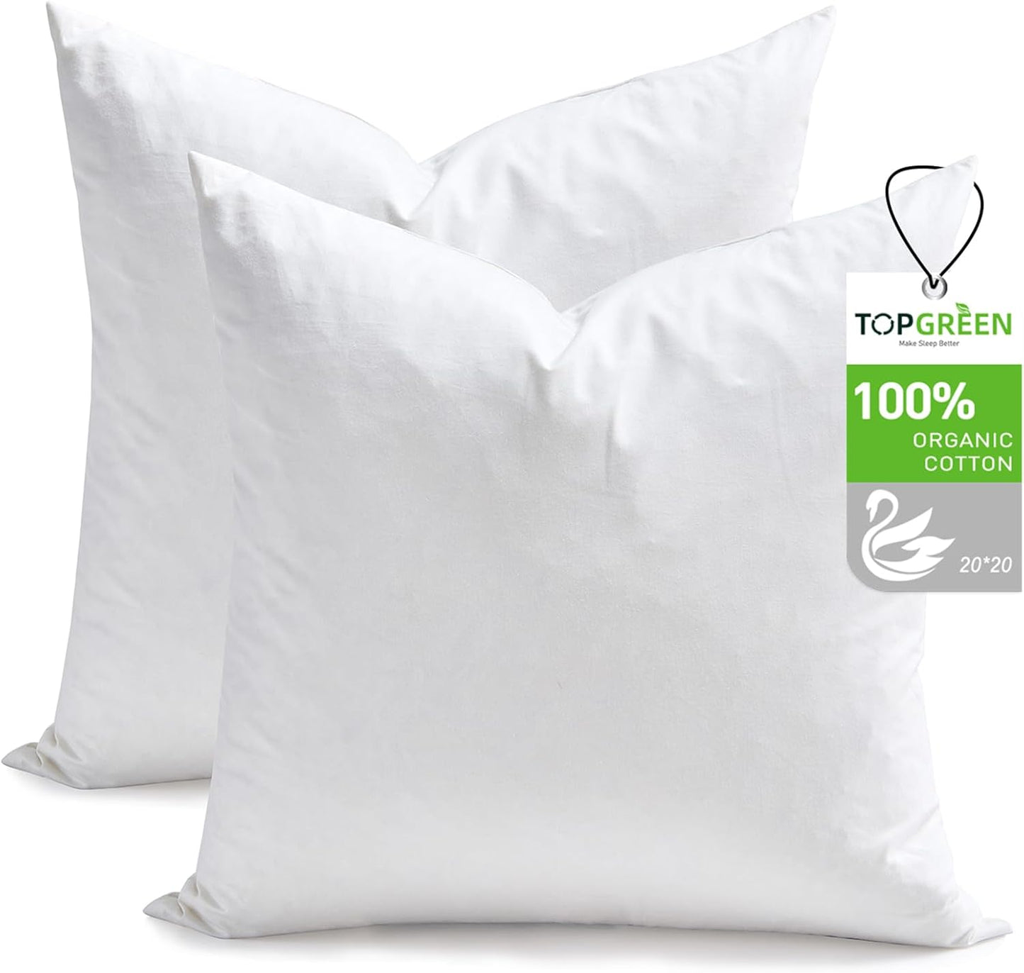 Throw Pillow Inserts 20 x 20, Set of 2, 100% Organic Cotton Shell, Soft Decorative Square Pillows Insert for Living Room Sofa, Couch, or Bed