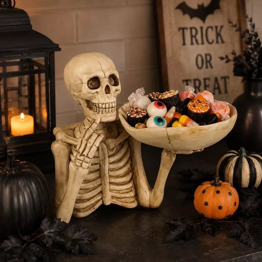 Halloween Skull Tray with Bowl Skeleton Decorative Figurine Catchall Holder for Indoor Outdoor Gothic Home Decor, Aged Bone
