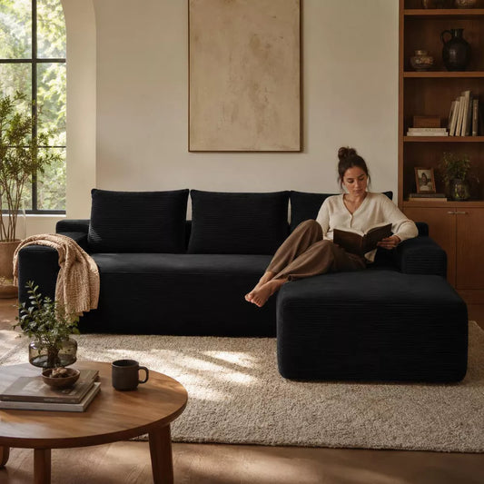 96.9" Cloud Sectional Couch with Right Chaise, Modern Deep Seat Modular Sofa, No Assembly Corduroy L-Shaped Couch for Living Room