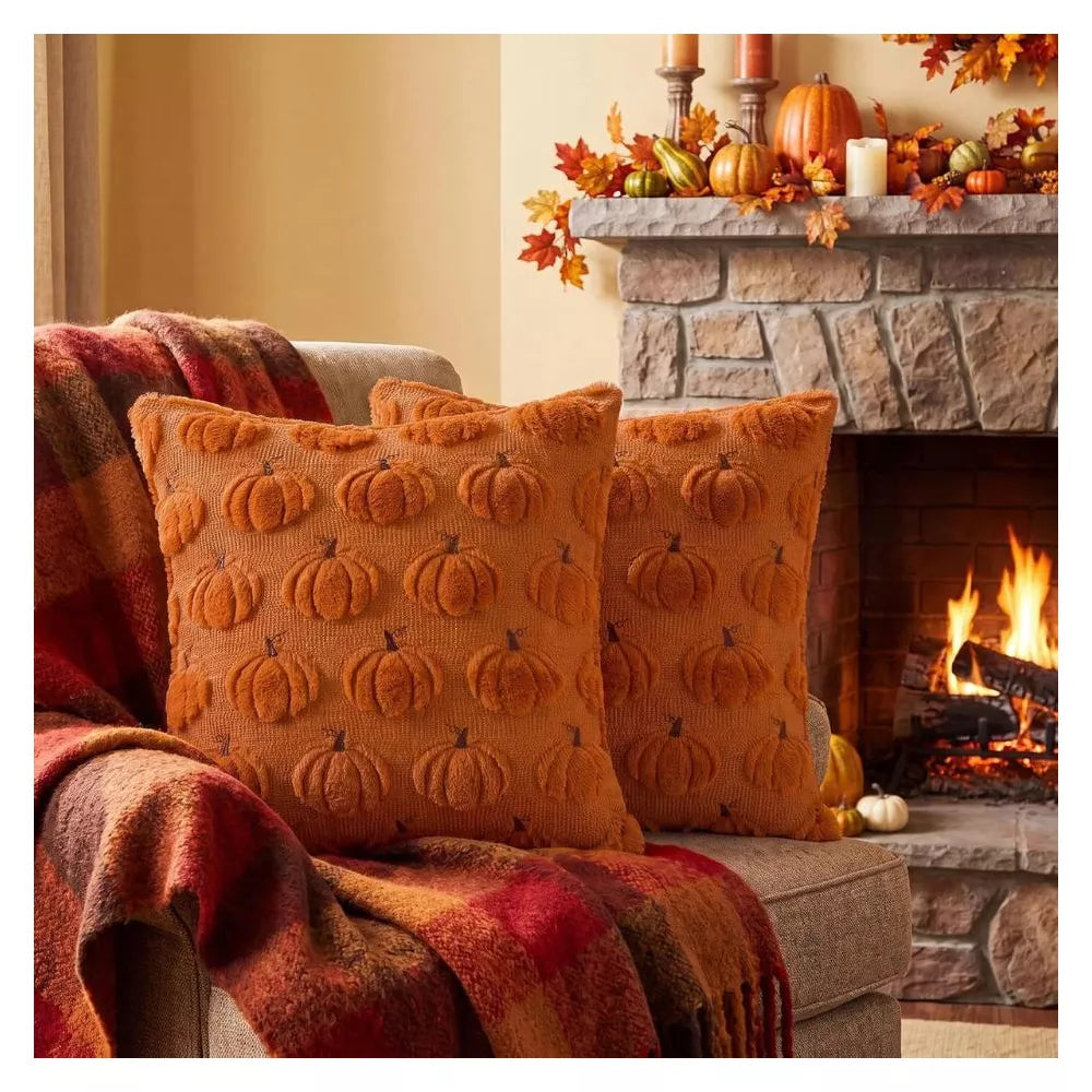 Farmhouse Pumpkin Throw Pillow Covers 18x18 Set of 2, Rust Orange Fall Decor for Couch, Sofa & Bed