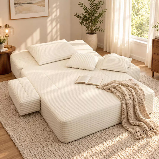 LauKingdom Oversized Corduroy Convertible Sofa Bed, 2-in-1 Frameless Chaise Lounge with 3 Pillows and Side Pockets for Apartment, Dorm and Guest Room