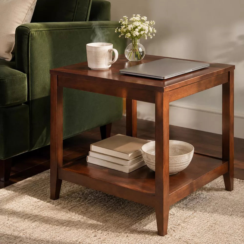 LauKingdom 24" Walnut Brown Solid Wood End Table 2-Tier Square Side Table with Storage Shelf for Living Room Bedroom & Small Spaces