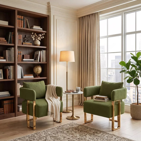 LauKingdom Set of 2 Green Modern Accent Chairs, Teddy Fleece Upholstered Armchair with Gold Metal Legs for Living Room Bedroom Dorm Apartment