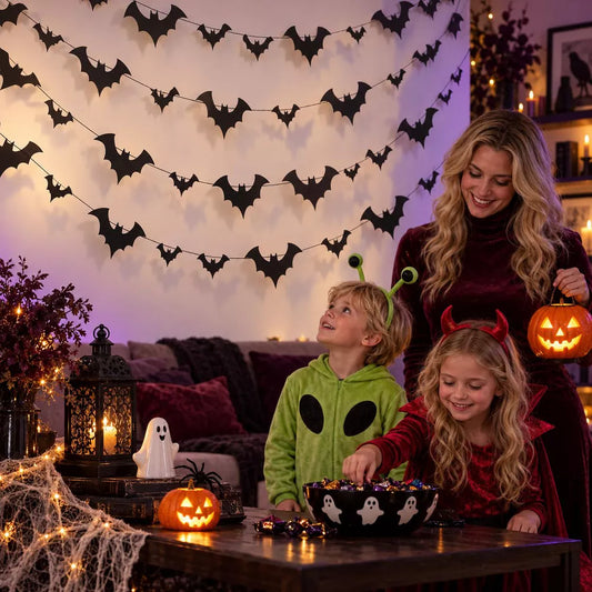 LauKingdom 4 Pack 156in Black Bat Garland Halloween Decorations Hanging Bats for Wall Door Ceiling Fireplace Party Home Decor