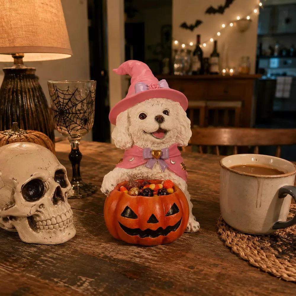 LauKingdom 12.6in Halloween White Teddy Puppy Figurine Witch Pumpkin Candy Bowl Resin Decor for Table Shelf Mantel Entryway Gift for Dog Lovers