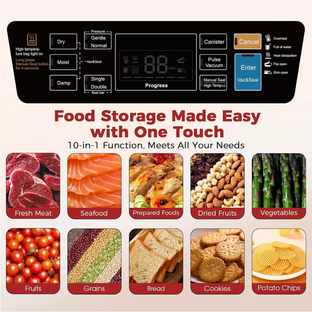Teendow Vacuum Sealer Machine, 95KPa Automatic Food Sealer for Wet & Dry Food, Built-in Cutter, Double Seal System,Complete Kit with 1 Roll & 10 Bags
