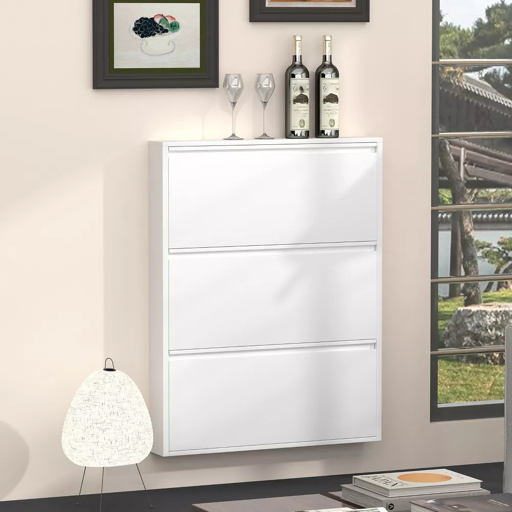 Metal Shoe Cabinet with 2 Flip Drawers, Wall-Mounted Slim Shoe Storage Organizer for Entryway, Hallway, Apartment & Mudroom, Narrow Hidden Shoe Rack