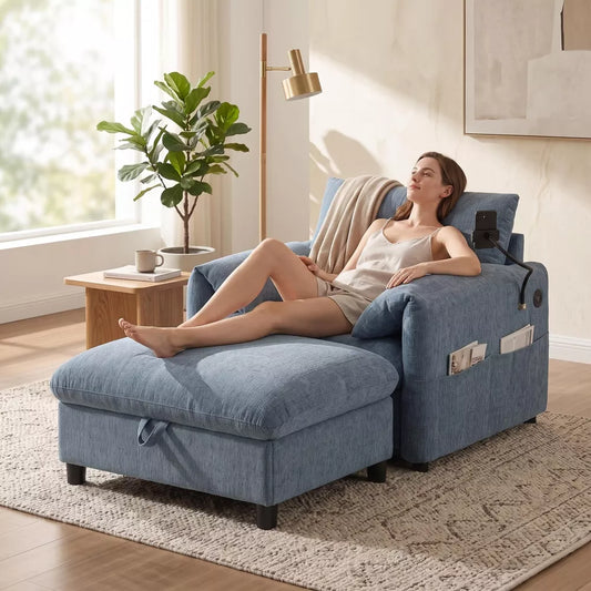 37" Slate Blue Chenille Armchair with Storage Ottoman, Modern Cloud Chaise Lounge with Charger & Phone Holder for Living Room, Dorm, Apartment