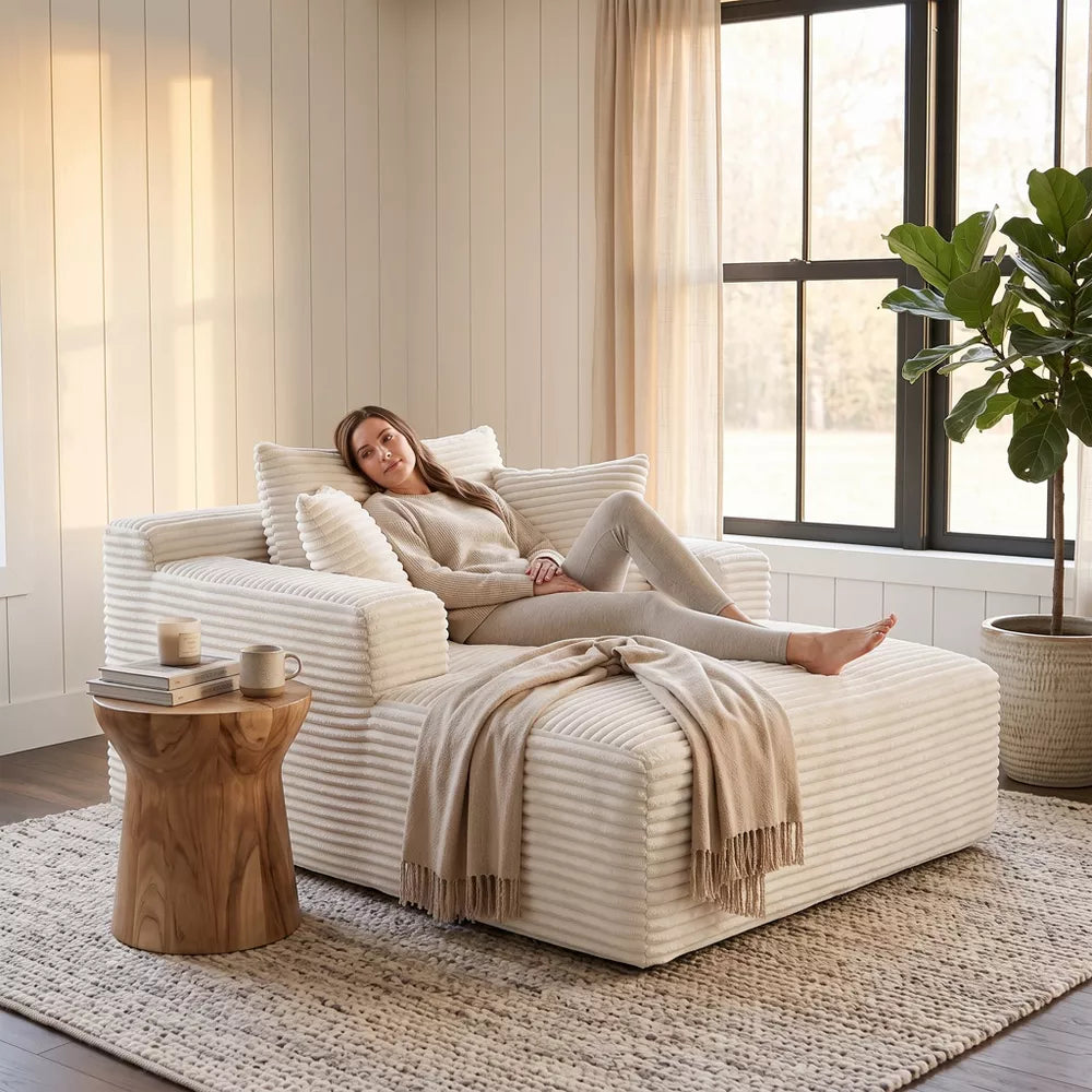49" Ivory Beige Oversized Corduroy Chaise Lounge Chair for Warm Minimalism Living Room Cozy Nook No Assembly Required Sofa Bed