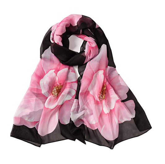 Women Soft Floral Print Shawl Chiffon Sheer Scarf