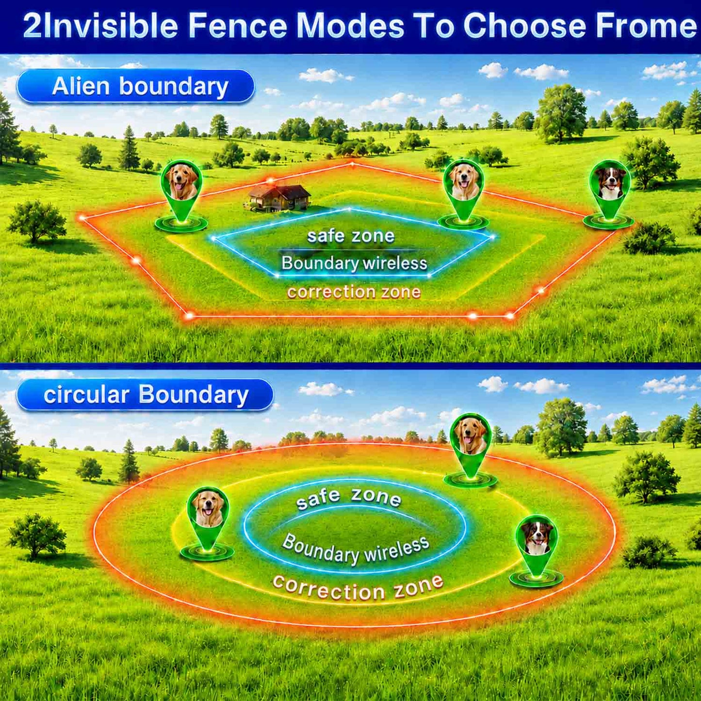 CICPAP GPS Wireless Dog Fence System, 49-6500 FT Circular and Custom-Shape Boundary, No Subscription, IP67 Waterproof Rechargeable Electric Fence Collar for 15-110 lb Dogs