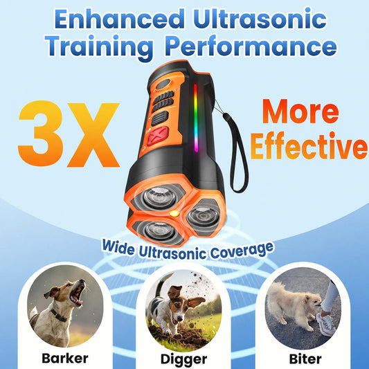 CICPAP Dog Bark Deterrent Device, 55FT 3X Sonic Heads Ultrasonic Anti Barking Device for Dogs, Rechargeable No-Shock Bark Control Training Tool with Flashlight, Indoor Outdoor
