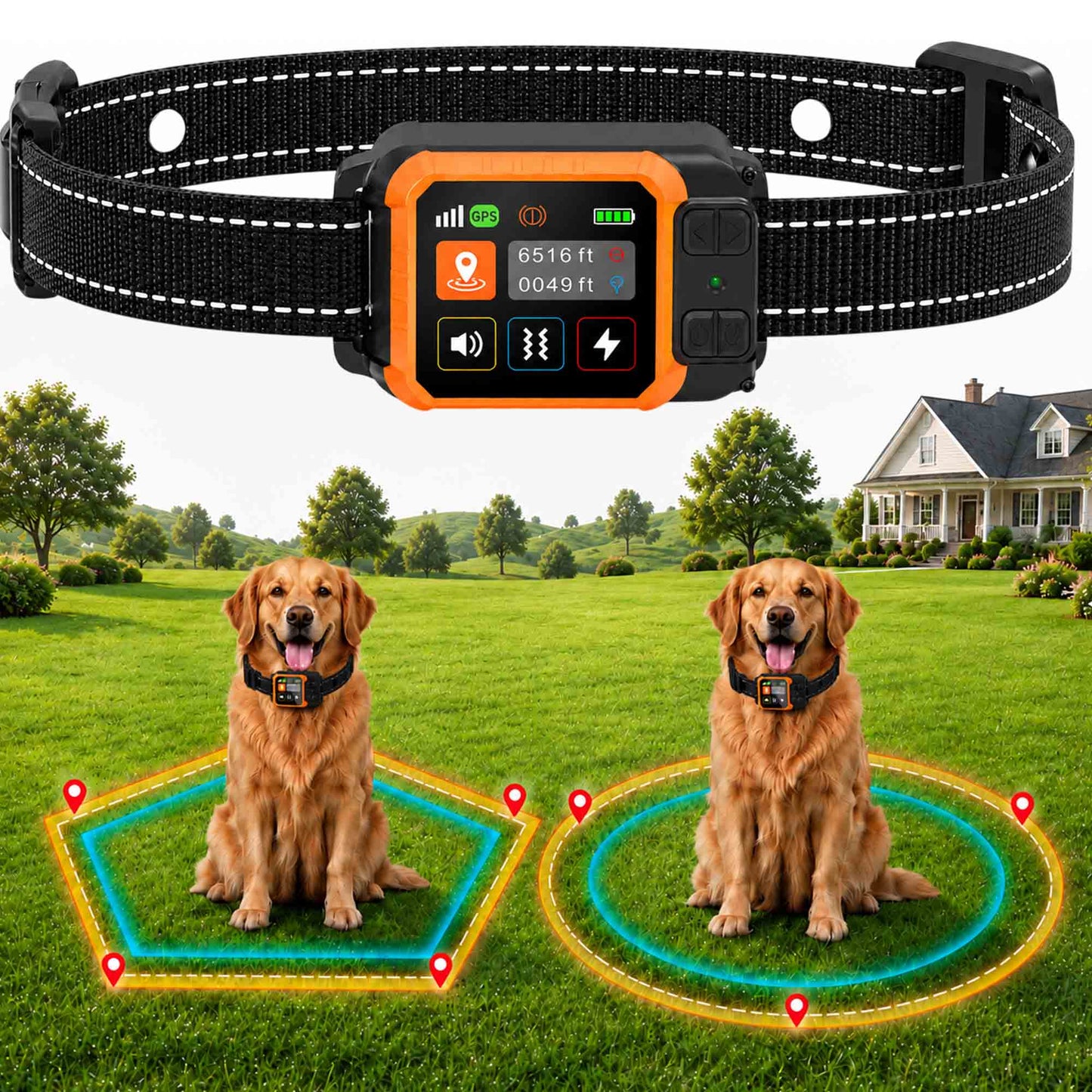 CICPAP GPS Wireless Dog Fence, Portable Custom and Circular Boundary System, 49-6500 FT Range, No Subscription, IP67 Waterproof Rechargeable Collar for 15-110 lb Dogs