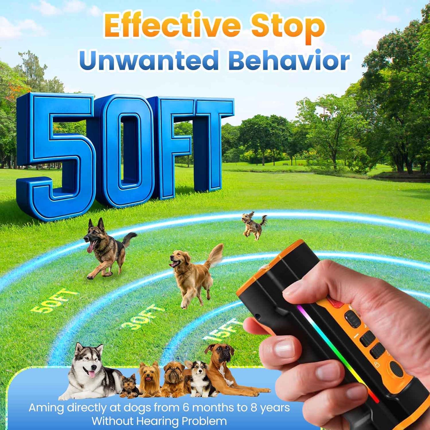 CICPAP Dog Bark Deterrent Device, 55FT 3X Sonic Heads Ultrasonic Anti Barking Device for Dogs, Rechargeable No-Shock Bark Control Training Tool with Flashlight, Indoor Outdoor