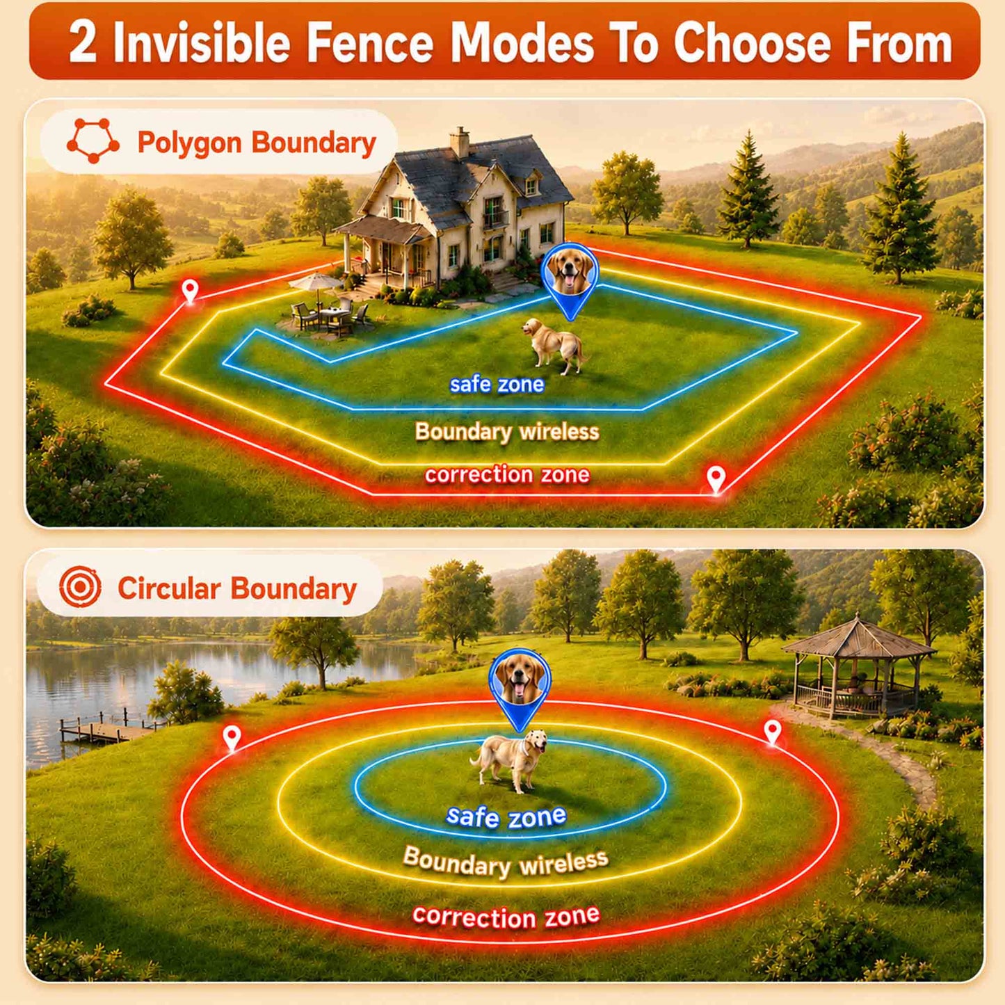 CICPAP GPS Wireless Dog Fence, Portable Custom and Circular Boundary System, 49-6500 FT Range, No Subscription, IP67 Waterproof Rechargeable Collar for 15-110 lb Dogs
