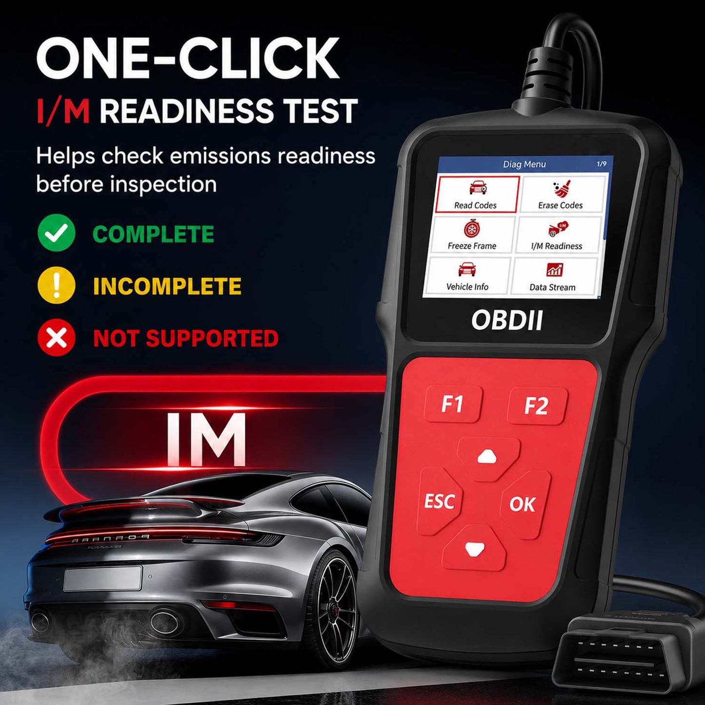 OBD2 Scanner Diagnostic Tool, Check Engine Code Reader with Battery Voltage Test, Live Data, I/M Readiness for 1996+ Vehicles