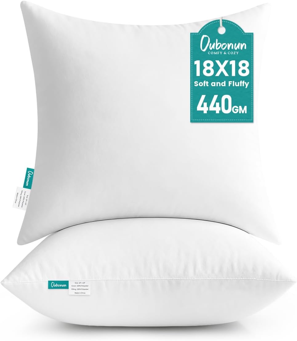 18 x 18 Throw Pillow Inserts - Soft, Plush & Decorative Down Alternative Pillows for Couch Sofa Bed, Machine Washable - White, Pack of 2