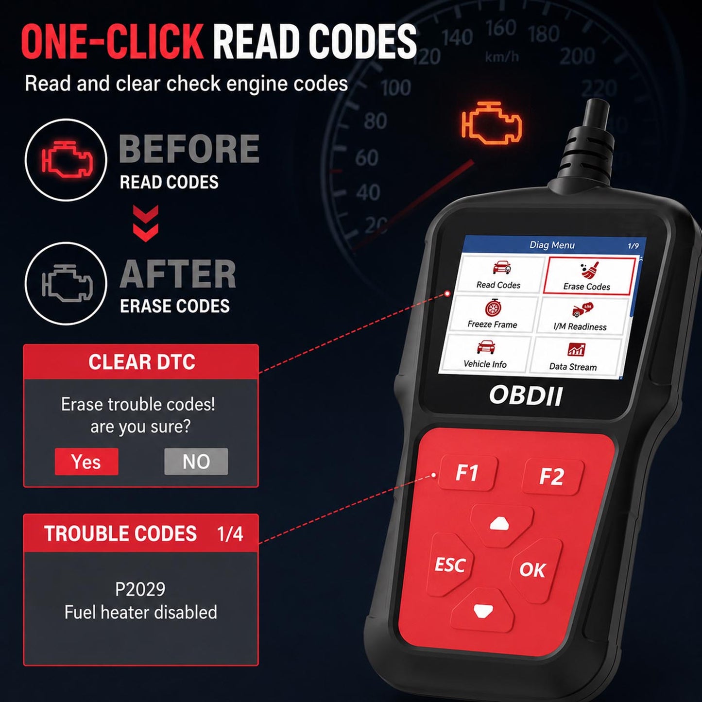 OBD2 Scanner Diagnostic Tool, Check Engine Code Reader with Battery Voltage Test, Live Data, I/M Readiness for 1996+ Vehicles