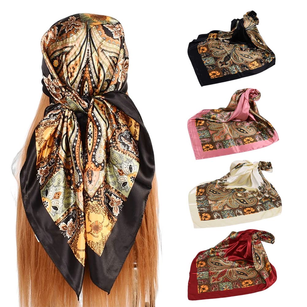 4Pcs Silk Head Scarves for Women Satin Hair Scarf 35¡±Large Square Bandana Silk Like Neck Scarf Shawl