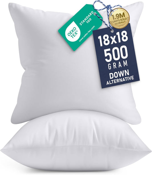 Bedding 18x18 Pillow Inserts, Set of 2, White ¨C Indoor Decorative Throw Pillows for Bed, Sofa & Couch ¨C Soft, Supportive & Fluffy Cushion Inserts