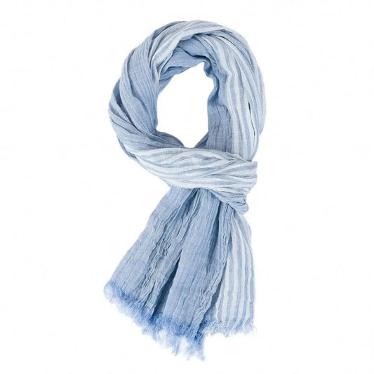 Lightweight Cotton Linen Scarf, Light Blue Striped Pattern, Soft Crinkled Texture, Fashion Accessory for All Seasons