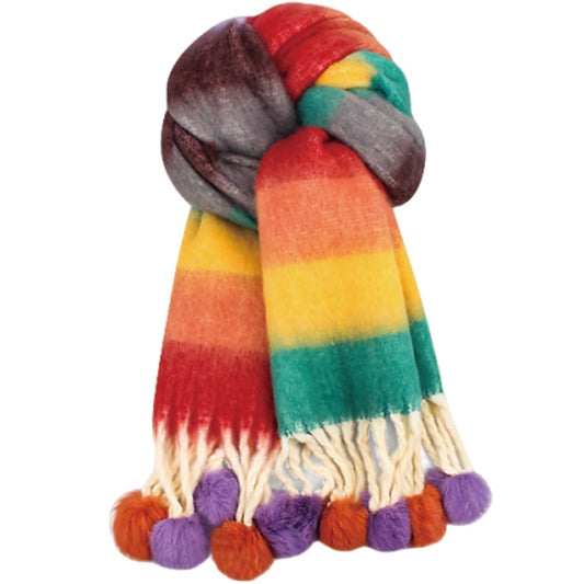 Girls Knit Scarf Colorful Warm Scarves Soft Striped Wraps with Pom 3-12 Years