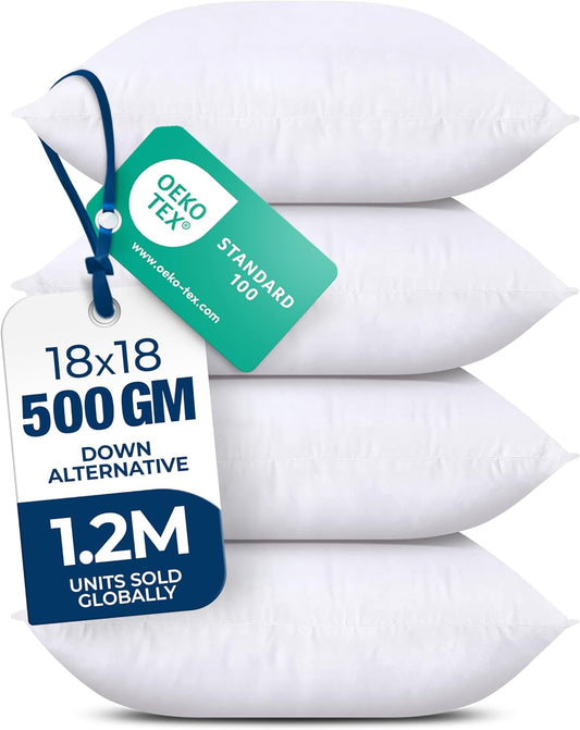 Bedding Throw Pillows (Set of 4, White) ¨C 18 x 18 Inches Down Alternative Pillows for Bed, Sofa, and Couch - Fluffy Decorative Stuffer Pillow for Indoors & Outdoors