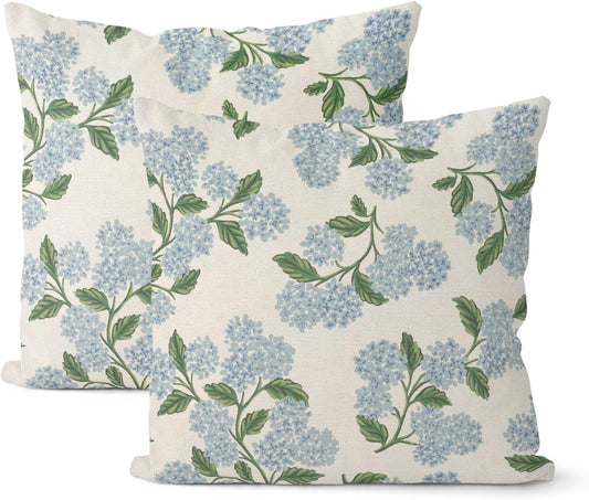 18x18 Inch 2 Pcs Blue Green Hydrangea Flower Decor Throw Pillows Vintage Floral Seasonal Summer Outdoor Decoration Pillowcase Linen Cushion Cover for Couch Sofa