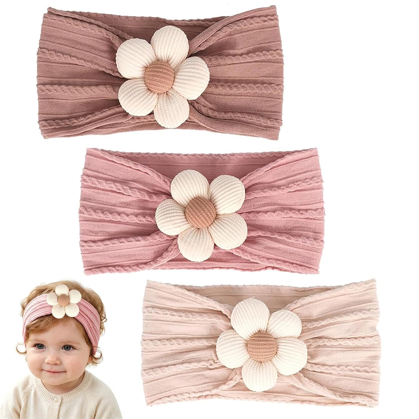 3 Pcs Baby Flower Headbands Baby Girls Nylon Headband Soft Hairbands Hair Accessories for Newborn Infant Toddler Kids (Beige Pink Khaki)