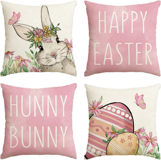 colorlife Happy Easter Hunny Bunny Pink Throw Pillow Covers, 18 x 18 Inch Easter Eggs Bunny Spring Cushion Case for Sofa Couch Set of 4