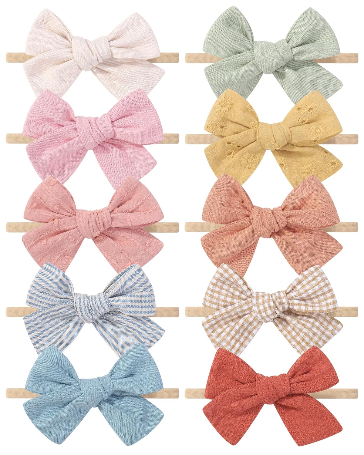 10PCS Baby Girls Headbands Hair Bows Nylon Cotton Linen Hairbands Handmade Hair Accessories for Newborn Infant Toddlers Little Girl and Kids 3.5Inches