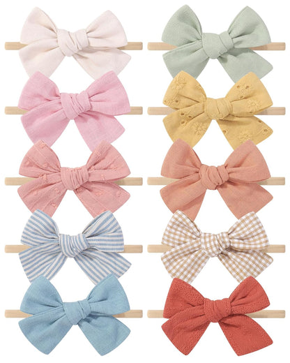 10PCS Baby Girls Headbands Hair Bows Nylon Cotton Linen Hairbands Handmade Hair Accessories for Newborn Infant Toddlers Little Girl and Kids 3.5Inches