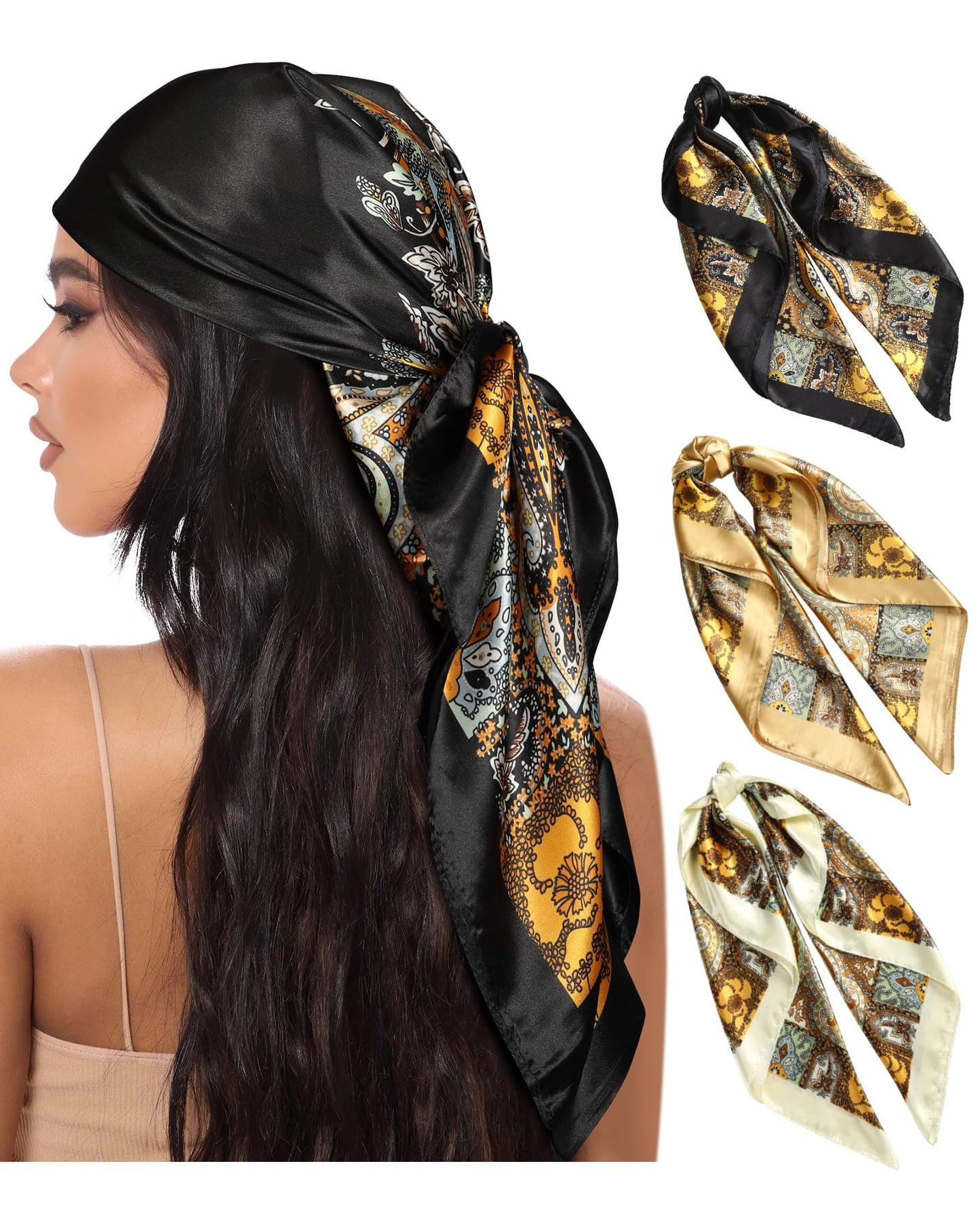 35¡± Large Square Satin Head Scarf - 3Pcs Satin Hair Scarves Silk Bandana Scarf Headscarf Silk Feeling Scarf for Women