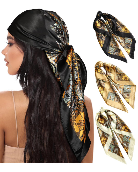 35¡± Large Square Satin Head Scarf - 3Pcs Satin Hair Scarves Silk Bandana Scarf Headscarf Silk Feeling Scarf for Women