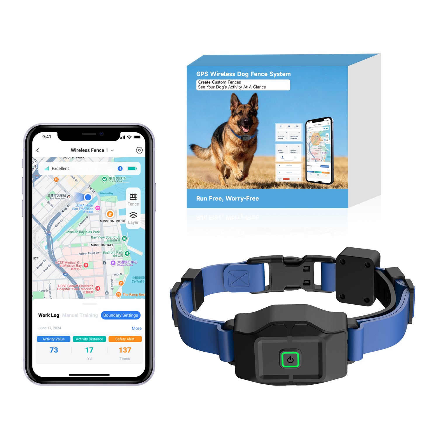 CICPAP GPS Dog Fence with Free App, No Subscription, 25–500 Yard Portable Invisible Fence & Training Collar, Beep Vibration Shock Modes, IP67 Waterproof Rechargeable Collar for Medium Large Dogs
