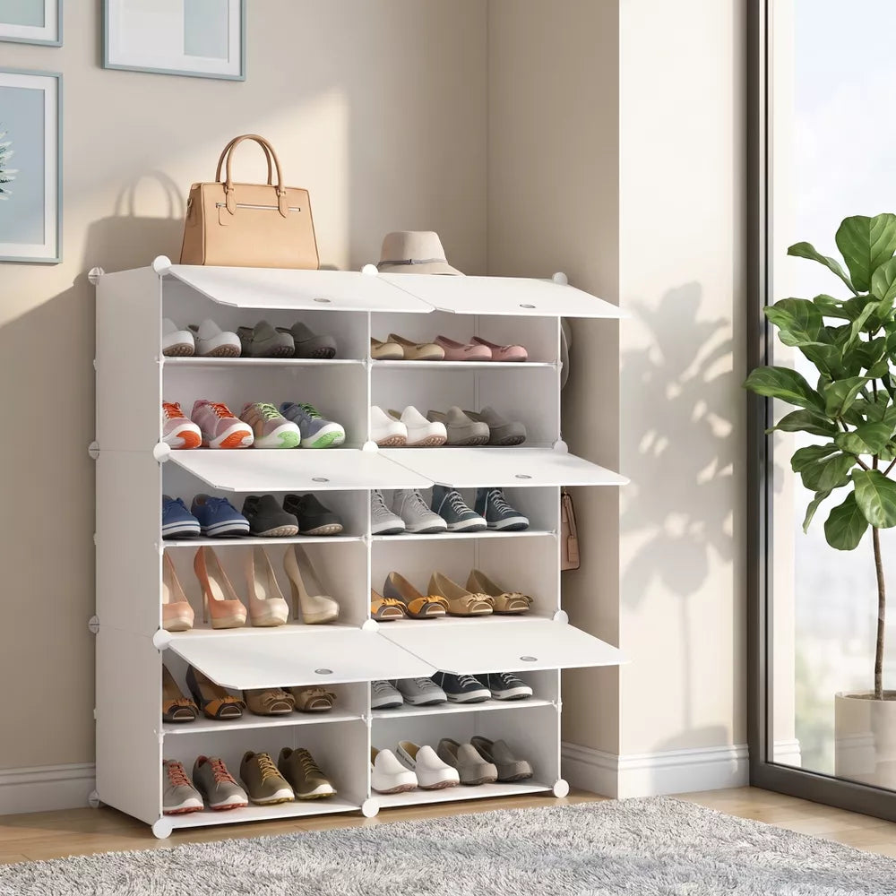 6-Tier Shoe Storage Cabinet, 24-Pair Shoe Organizer with Dustproof Doors & Side Hooks, Freestanding Shoe Rack for Entryway, Bedroom, Closet & Office