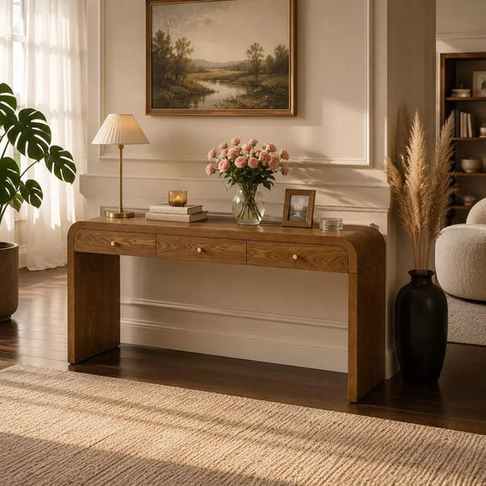 LauKingdom 59" Walnut Brown 3-Drawer Console Table with Rounded Waterfall Edges Long Entryway Sofa Table for Living Room Hallway