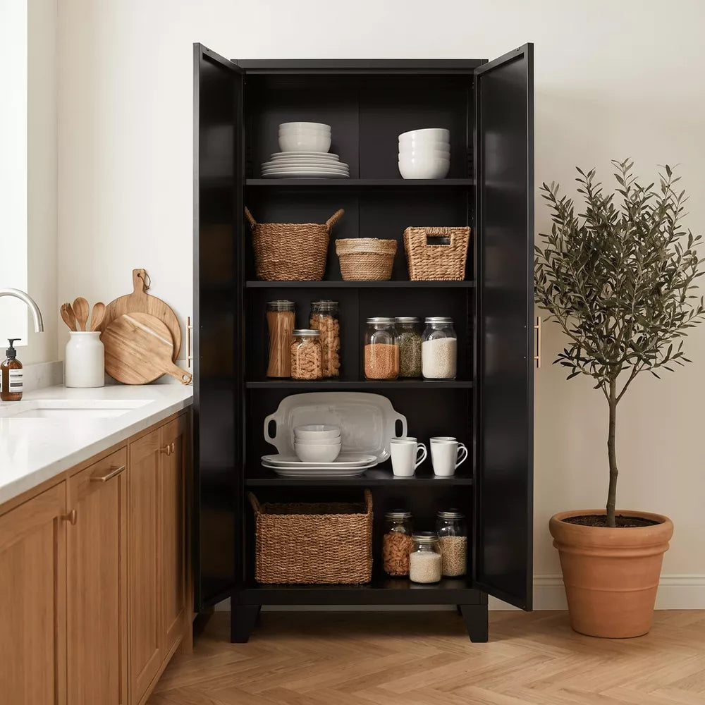 71'' 2 Shapely Doors Cabinet, Metal Storage Cabinet with Doors and Adjustable Shelves, for Bedroom, Living Room, Kitchen(Black)