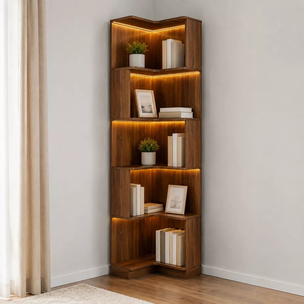 LauKingdom 68.9" Walnut Brown 5-Tier Corner Bookshelf with Built-In LED Light Strip, L-Shaped Open Display Bookcase for Living Room, Home Office Decor