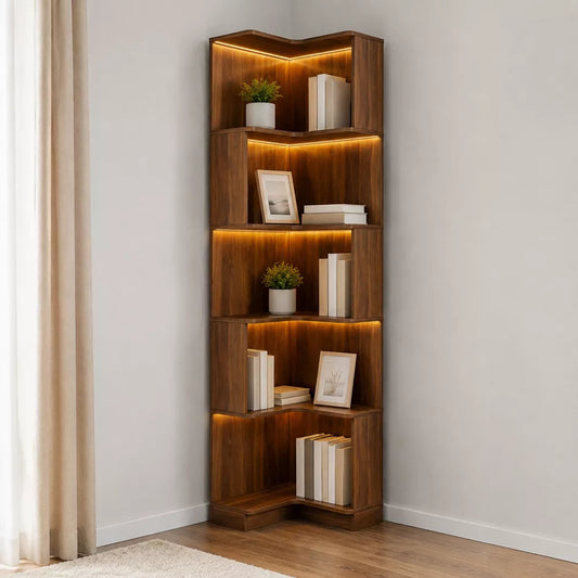 LauKingdom 68.9" Walnut Brown 5-Tier Corner Bookshelf with Built-In LED Light Strip, L-Shaped Open Display Bookcase for Living Room, Home Office Decor
