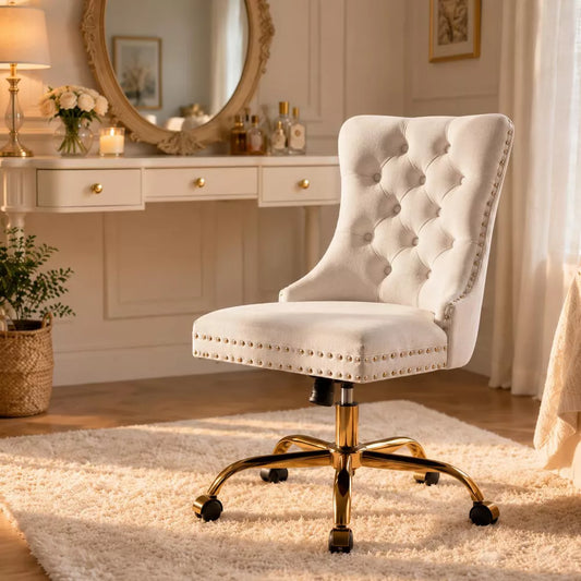 LauKingdom Velvet Office Chair with Tufted Back Gold Metal Base Adjustable 360° Swivel Desk Vanity Chair for Home Office Bedroom