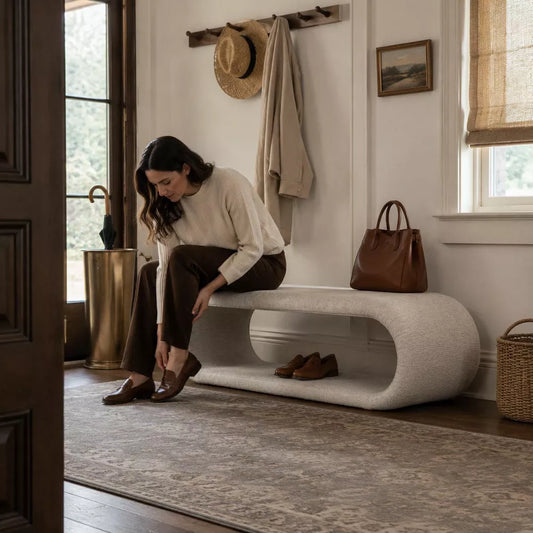 LauKingdom 52.17" Warm Oatmeal Beige Chenille Upholstered Waterfall Bench with Open Storage, Curved End of Bed Ottoman for Bedroom Entryway