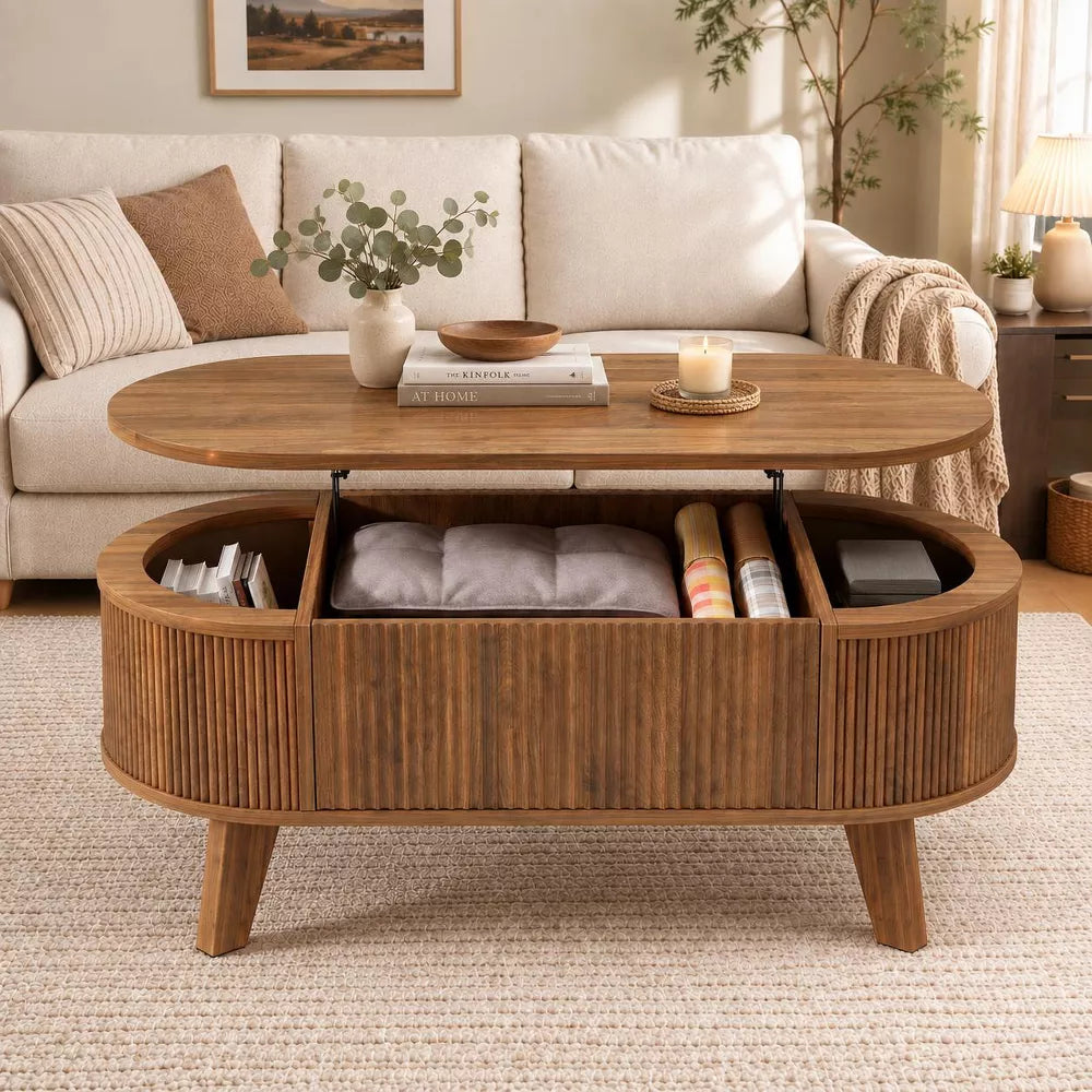38.6'' Fluted Lift Top Coffee Table with Storage, Modern Oval Table for Living Room, Home Office & Small Spaces