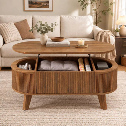38.6'' Fluted Lift Top Coffee Table with Storage, Modern Oval Table for Living Room, Home Office & Small Spaces