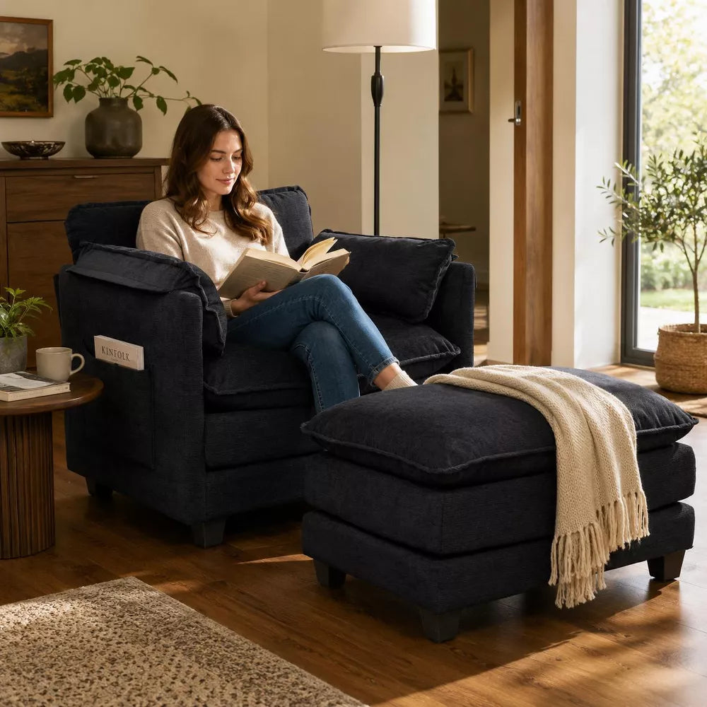 55.32" Oversized Boucle Accent Chair with Ottoman, Deep Seat Lounge Chair with Pillows and Side Pockets for Living Room Bedroom