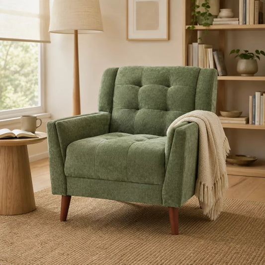 LauKingdom 32.5" Sage Green Chenille Mid-Century Modern Armchair, Upholstered Tufted Accent Chair for Bedroom Lounge Apartment Dorm