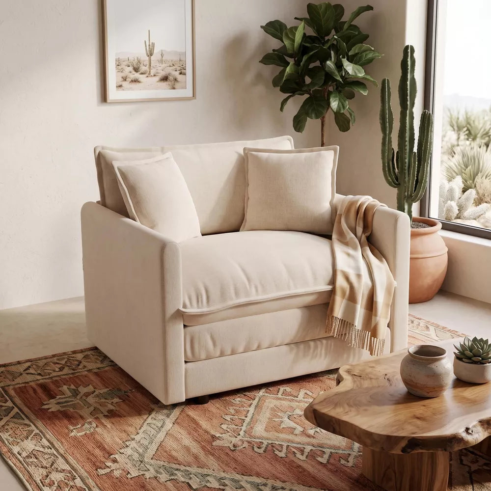 LauKingdom Apricot Oversized Accent Chair With Toss Pillow Deep Seat Chenille Reading Sofa For Living Room Bedroom Dorm