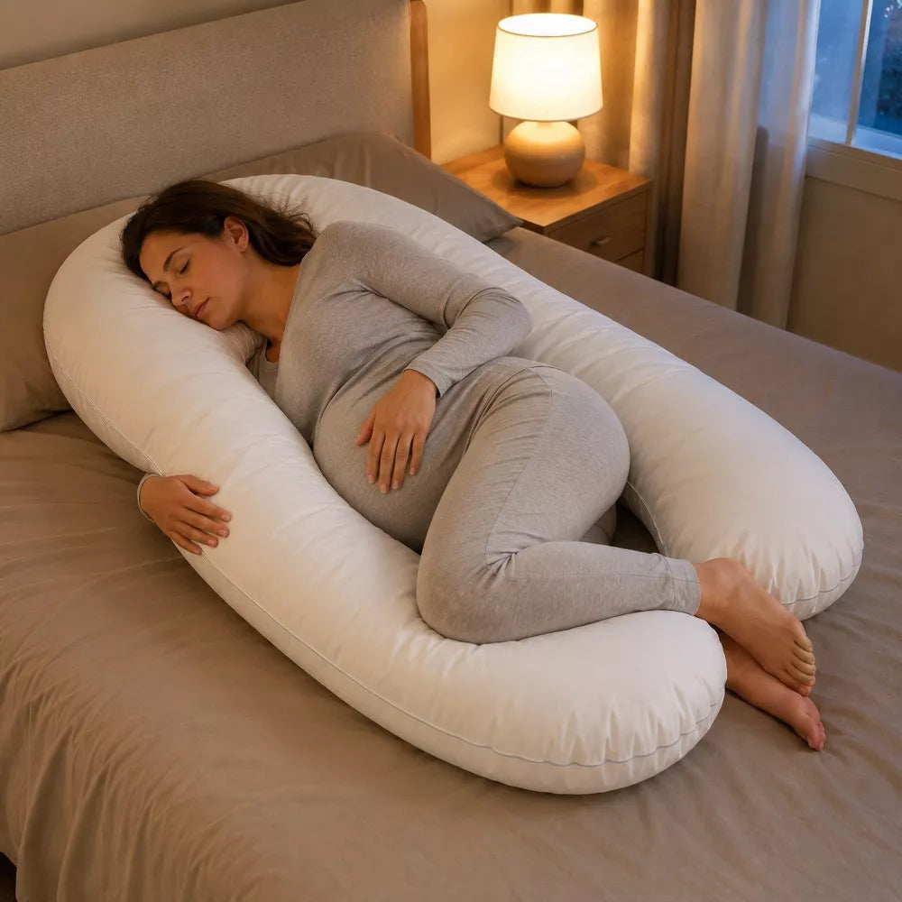 LauKingdom 60" White 1pc U-Shaped Pregnancy Pillow with Washable Cotton Cover, Full Body Maternity Support Pillow for Side Sleepers, Back Belly Hips