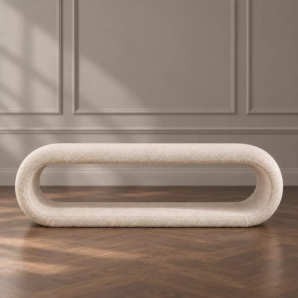 LauKingdom 52.17" Warm Oatmeal Beige Chenille Upholstered Waterfall Bench with Open Storage, Curved End of Bed Ottoman for Bedroom Entryway
