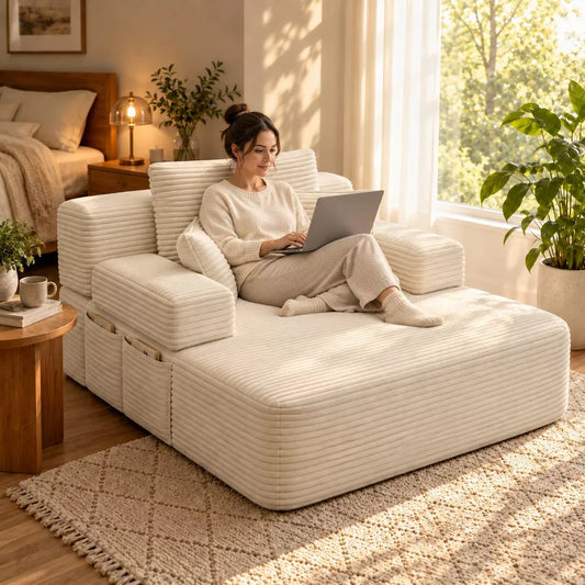 LauKingdom Oversized Corduroy Convertible Sofa Bed, 2-in-1 Frameless Chaise Lounge with 3 Pillows and Side Pockets for Apartment, Dorm and Guest Room